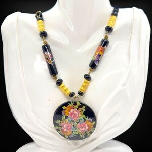 Signed Alice Caviness Silk Cord Floral Pendant Necklace
